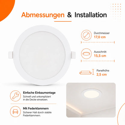 LED Einbaupanel Rund 12W Dimmbar CCT – 1120 Lumen, Ø 15,5 cm, 3000K/4000K/6500K.