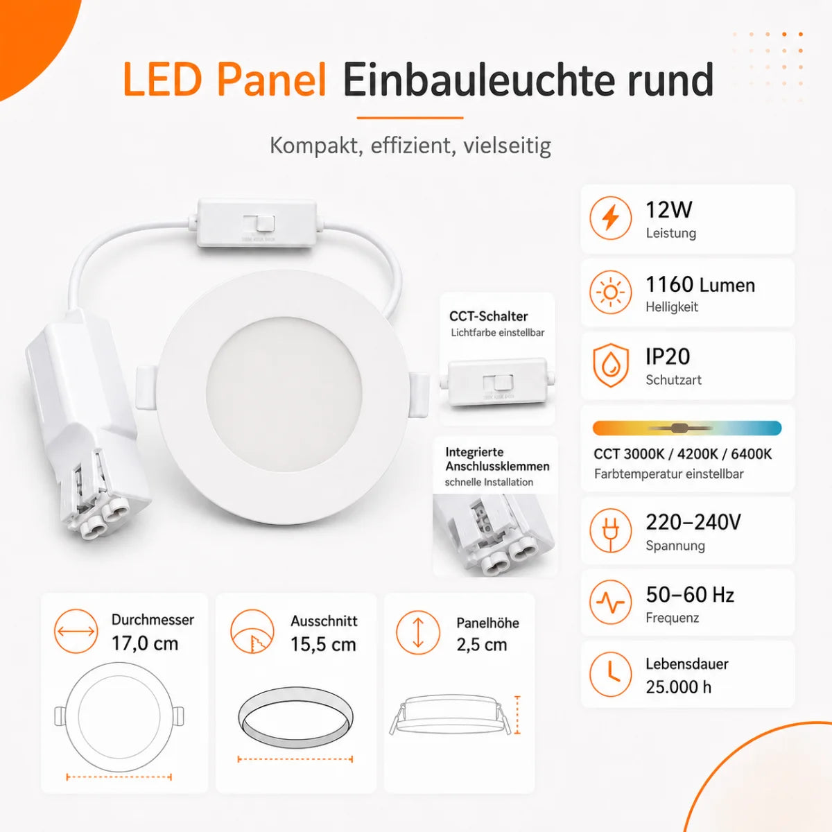 LED Einbaupanel Rund 12W CCT – 1120 Lumen, Ø 15,5 cm 3000K/4000K/6500K IP20.