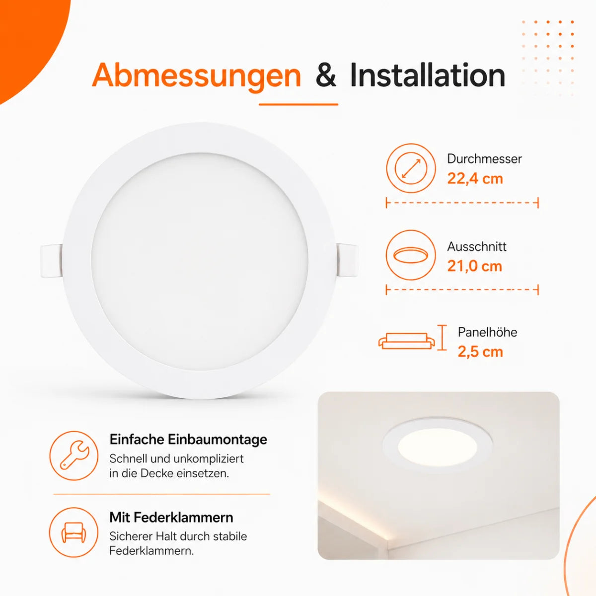LED Einbaupanel Rund 18W CCT – 1800 Lumen, Ø 21 cm 3000K/4000K/6500K IP20.