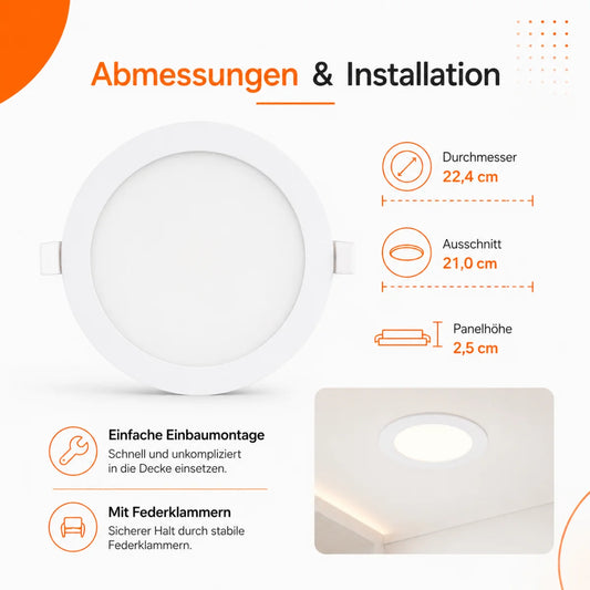 LED Einbaupanel Rund 18W CCT – 1800 Lumen, Ø 21 cm 3000K/4000K/6500K IP20.