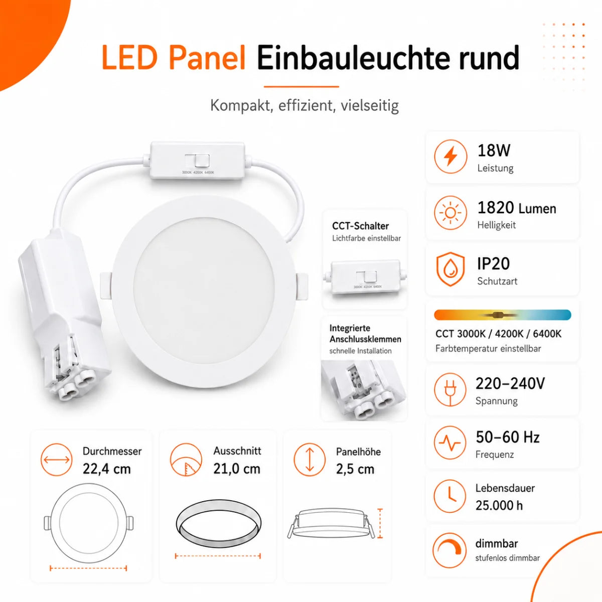 LED Einbaupanel Rund 18W Dimmbar CCT – 1800 Lumen, Ø 21 cm, 3000K/4000K/6500K.