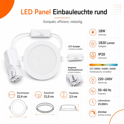 LED Einbaupanel Rund 18W Dimmbar CCT – 1800 Lumen, Ø 21 cm, 3000K/4000K/6500K.