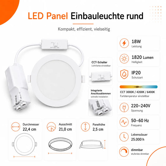 LED Einbaupanel Rund 18W Dimmbar CCT – 1800 Lumen, Ø 21 cm, 3000K/4000K/6500K.
