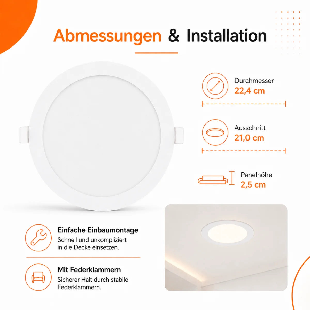LED Einbaupanel Rund 18W Dimmbar CCT – 1800 Lumen, Ø 21 cm, 3000K/4000K/6500K.