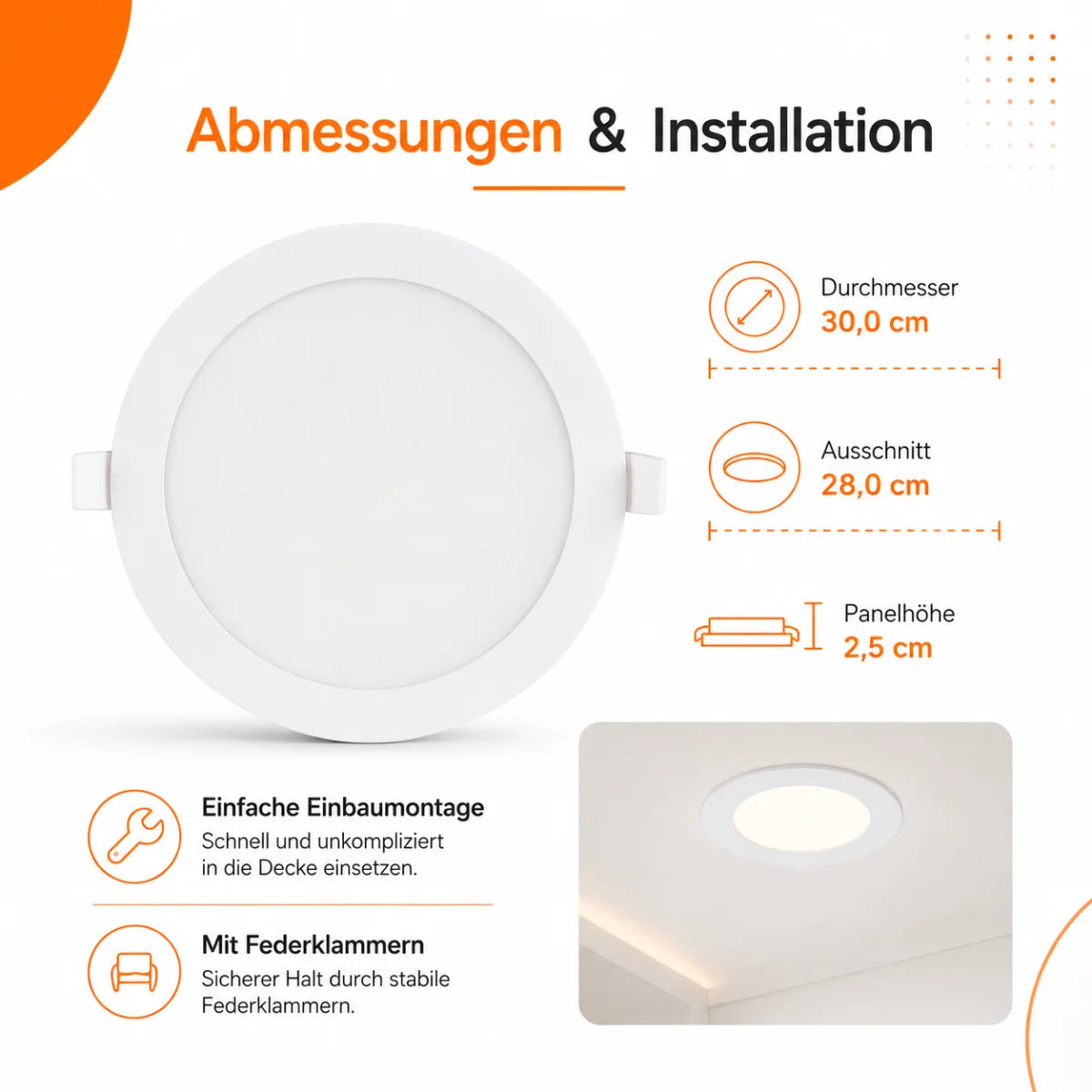 LED Einbaupanel Rund 23W CCT – 2380 Lumen Ø 30,cm Ausschnitt 28cm IP20.