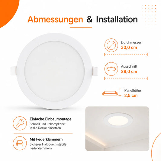 LED Einbaupanel Rund 23W CCT – 2380 Lumen Ø 30,cm Ausschnitt 28cm IP20.