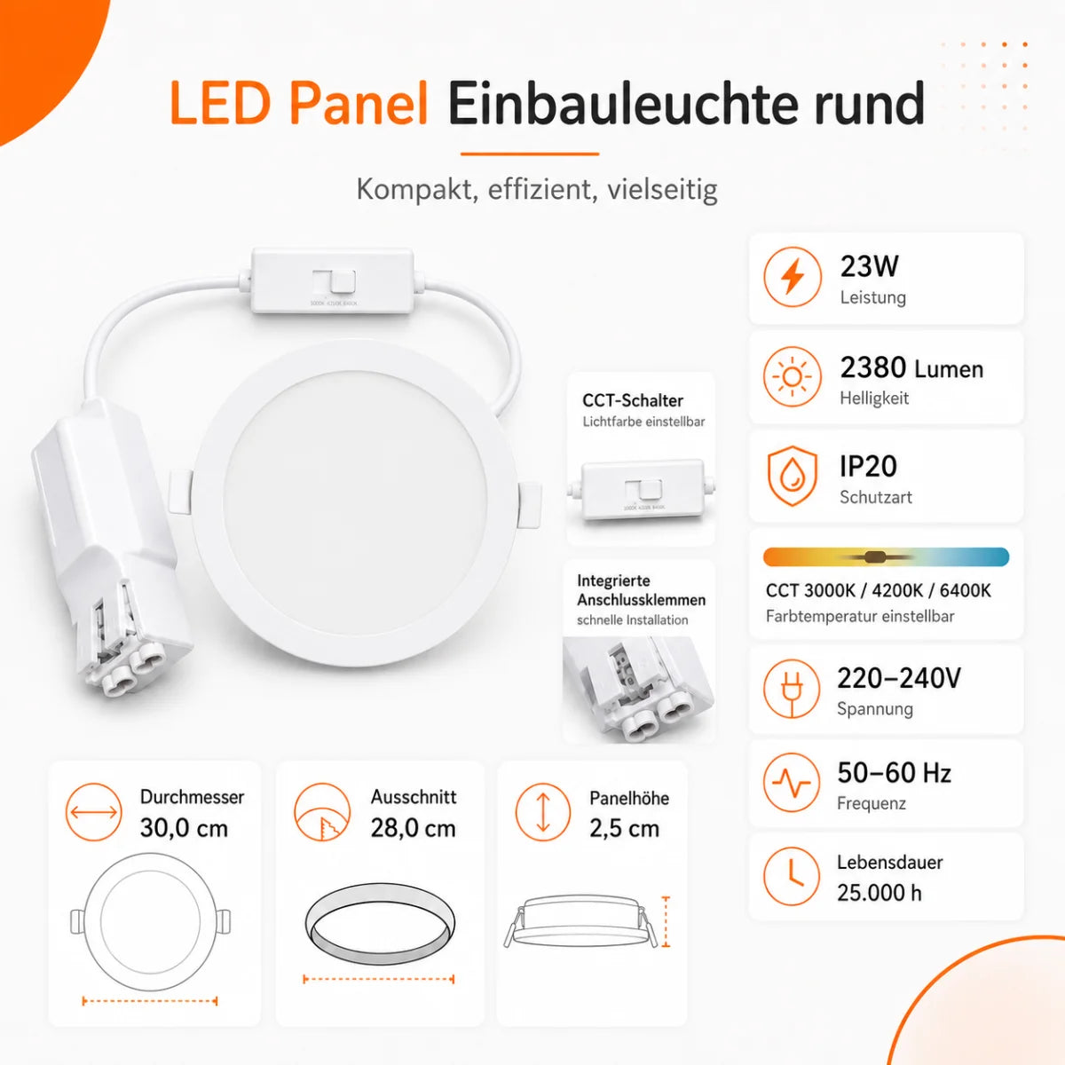 LED Einbaupanel Rund 23W CCT – 2380 Lumen Ø 30,cm Ausschnitt 28cm IP20.