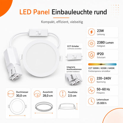 LED Einbaupanel Rund 23W CCT – 2380 Lumen Ø 30,cm Ausschnitt 28cm IP20.
