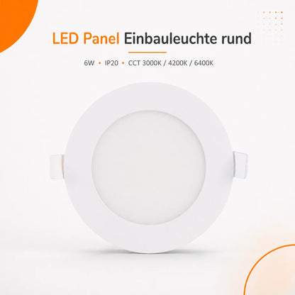 LED Einbaupanel Rund 6W CCT – 470 Lumen, Ø 12,8 cm 3000K/4000K/6500K IP20.