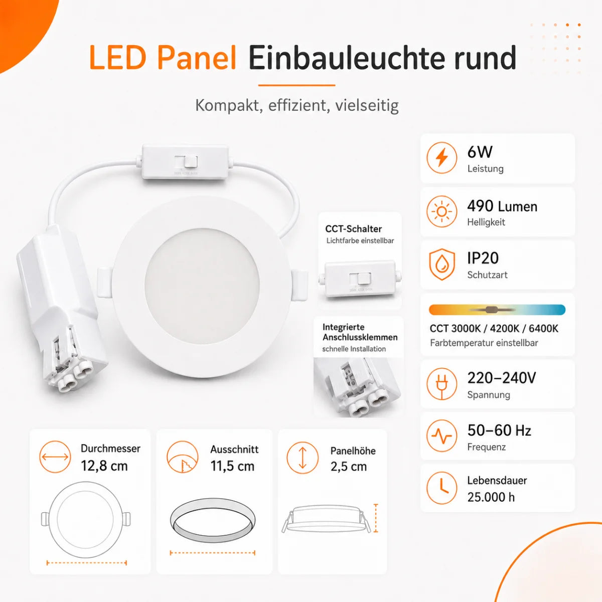 LED Einbaupanel Rund 6W CCT – 470 Lumen, Ø 12,8 cm 3000K/4000K/6500K IP20.