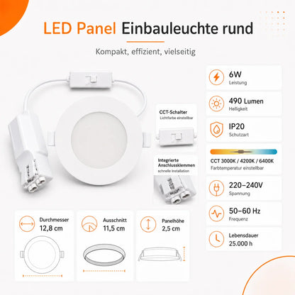 LED Einbaupanel Rund 6W CCT – 470 Lumen, Ø 12,8 cm 3000K/4000K/6500K IP20.