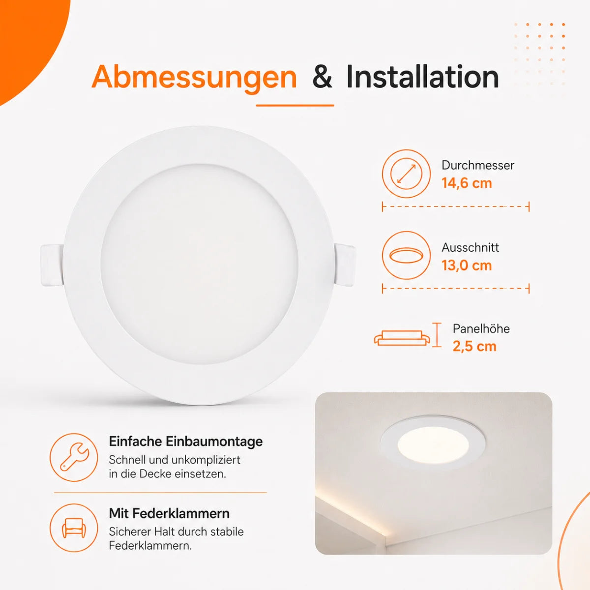 LED Einbaupanel Rund 9W CCT – 820 Lumen, Ø 14,6 cm 3000K/4000K/6500K IP20.