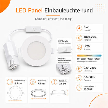 LED Panel Einbauleuchte Rund 3W CCT – 180 Lumen, Ø 8,5 cm, 3000K/4200K/6400K, IP20.