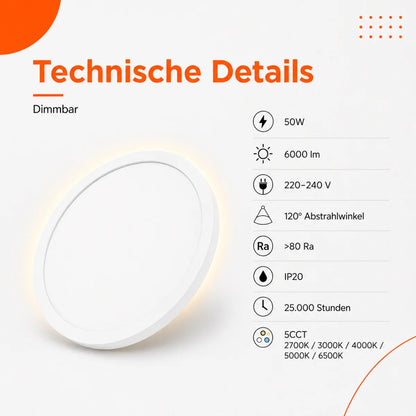 LED-Deckenleuchte rund 50 W Up &amp; Down – 6000 Lumen, Fernbedienung, 2700–6500 K, Ø 50 cm.