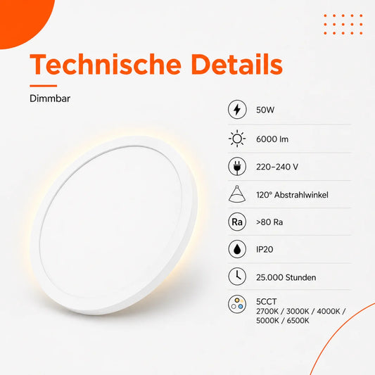 LED-Deckenleuchte rund 50 W Up &amp; Down – 6000 Lumen, Fernbedienung, 2700–6500 K, Ø 50 cm.