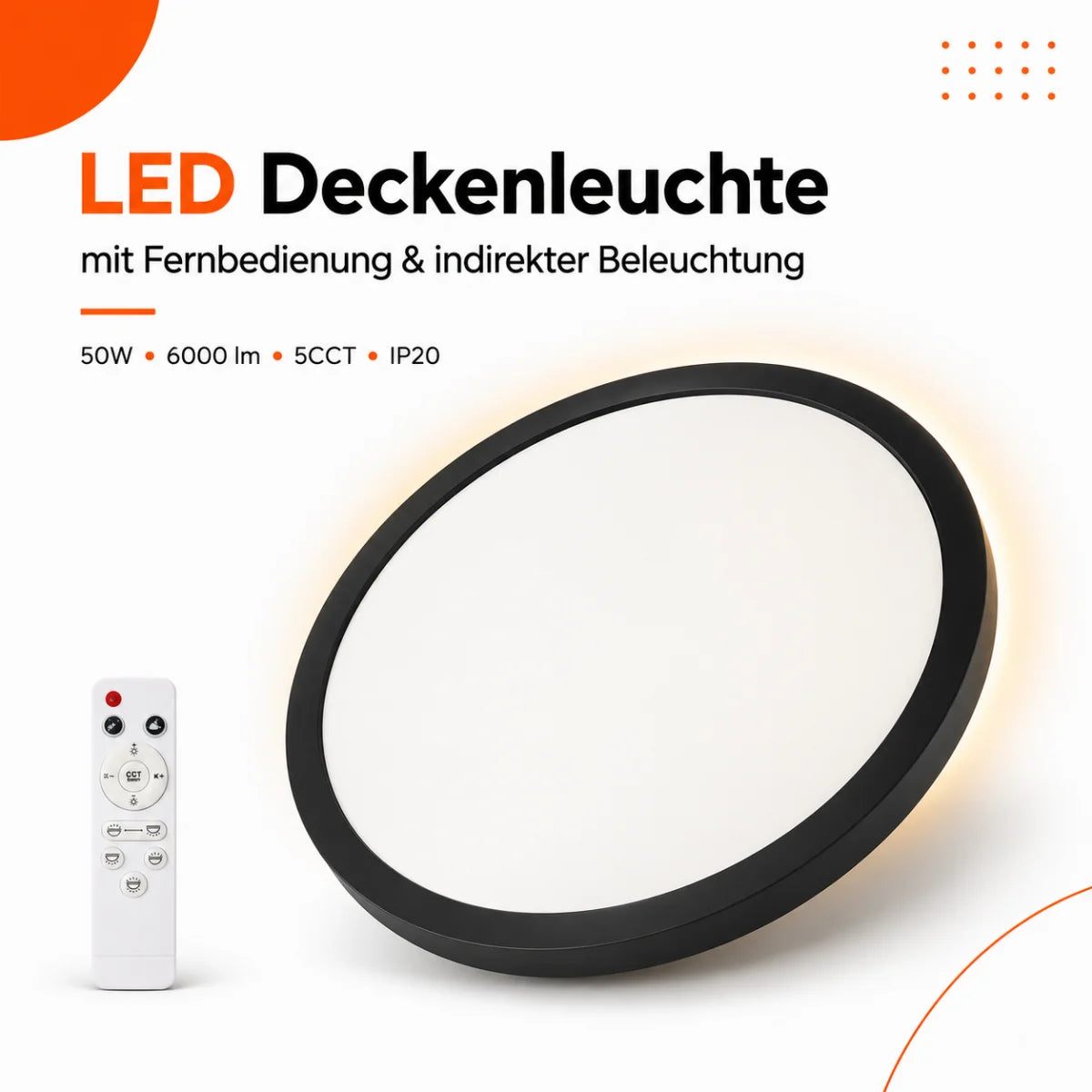 LED Deckenleuchte Rund Schwarz 50W Up & Down – 6000 Lumen, Fernbedienung, 2700–6500K, Ø 50 cm.