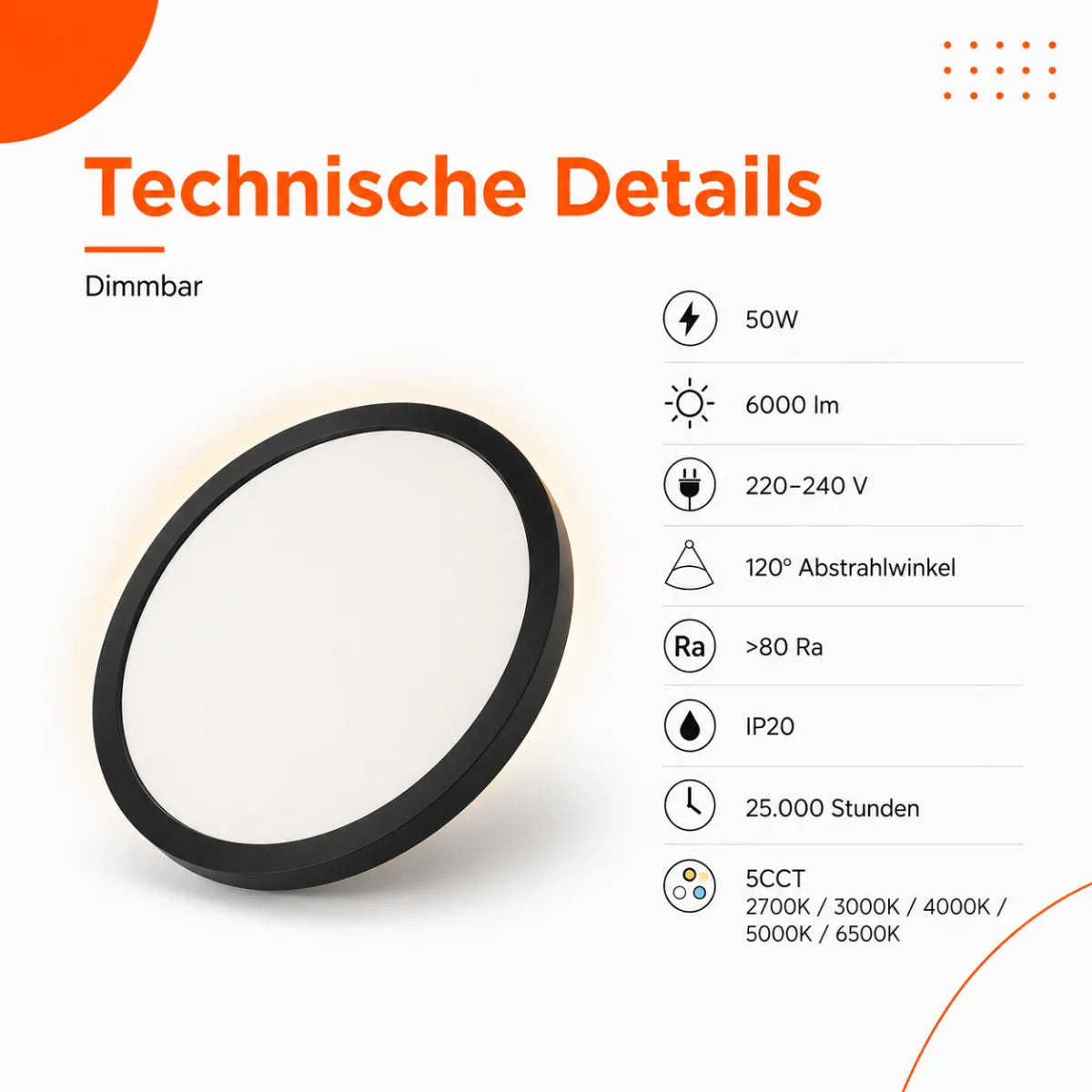 LED Deckenleuchte Rund Schwarz 50W Up & Down – 6000 Lumen, Fernbedienung, 2700–6500K, Ø 50 cm.