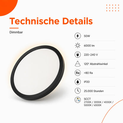 LED Deckenleuchte Rund Schwarz 50W Up & Down – 6000 Lumen, Fernbedienung, 2700–6500K, Ø 50 cm.